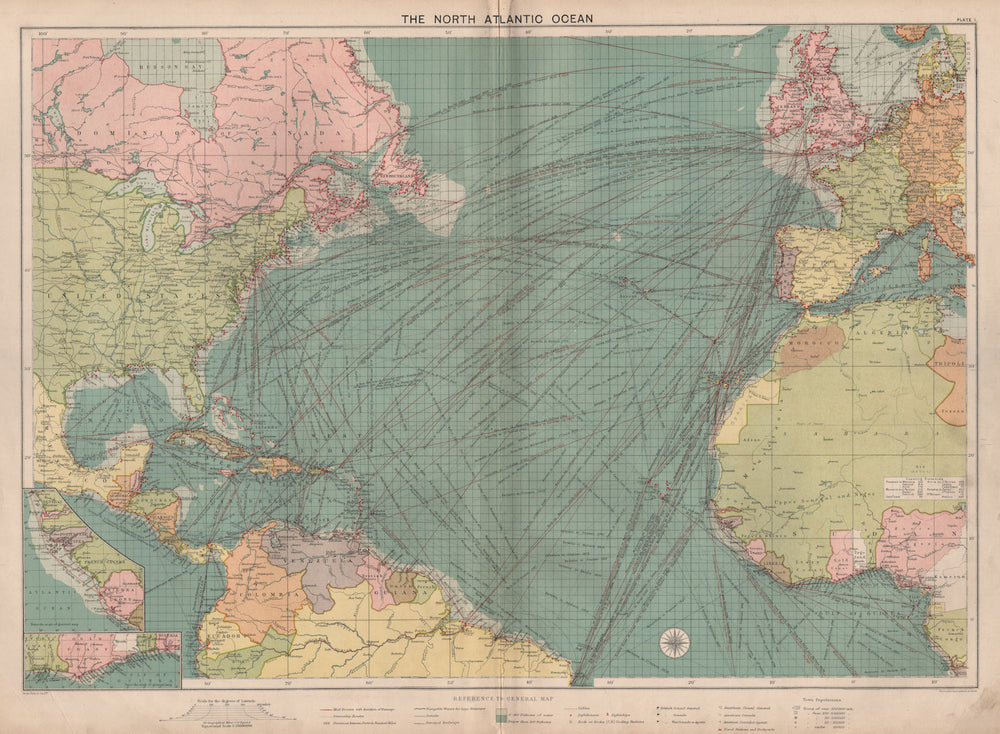 North Atlantic Routes North Atlantic Ocean sea chart. Ports lighthouses mail routes. LARGE ...