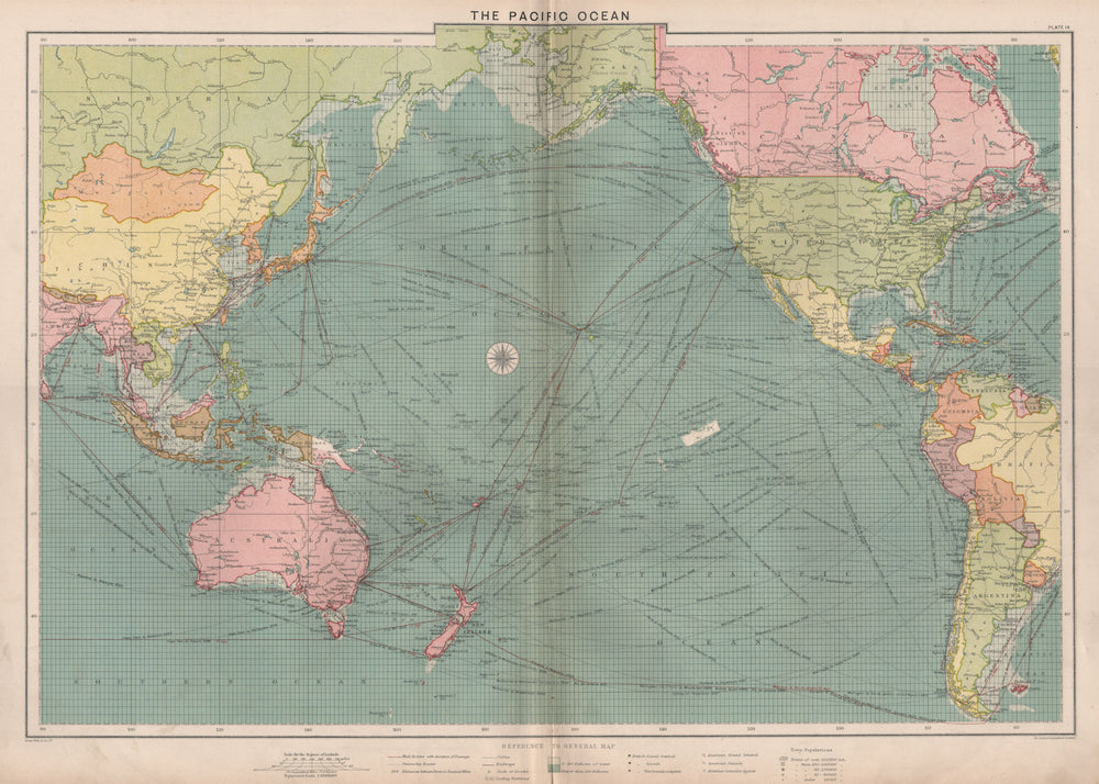 Pacific Ocean sea chart. Ports lighthouses mail routes dockyards LARGE 1918 map