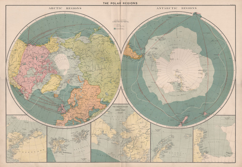 Polar Regions. Arctic/Antarctic sea chart. Steamer routes. LARGE 1918 old map