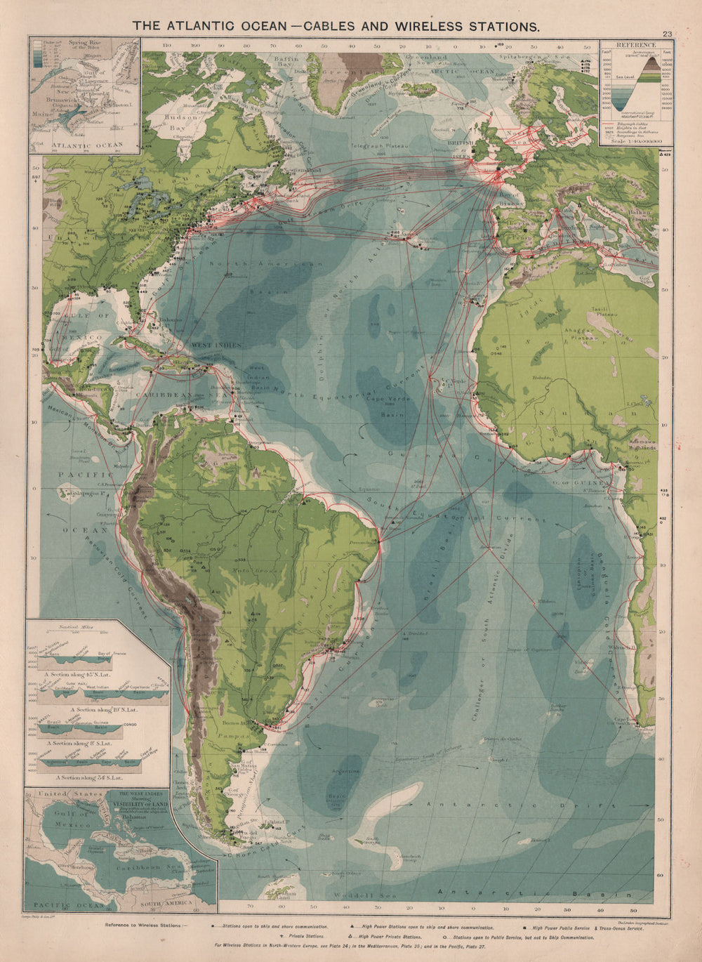 Atlantic Ocean. Cables & Wireless Stations. Land visibility. Sections 1918 map
