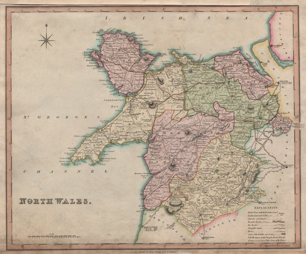 Antique map of North Wales by Henry Teesdale 1831 old plan chart