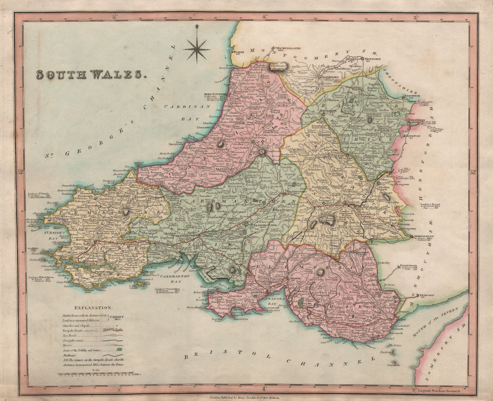 Antique map of South Wales by Henry Teesdale 1831 old plan chart