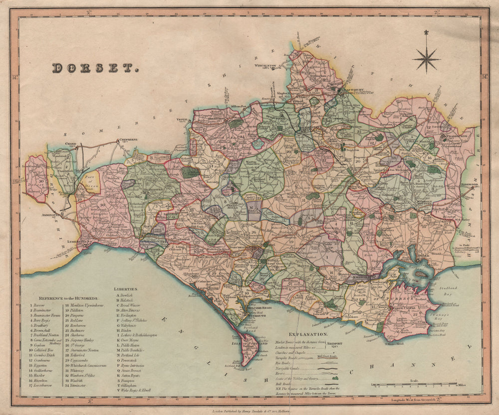Antique county map of Dorset by Henry Teesdale 1831 old plan chart