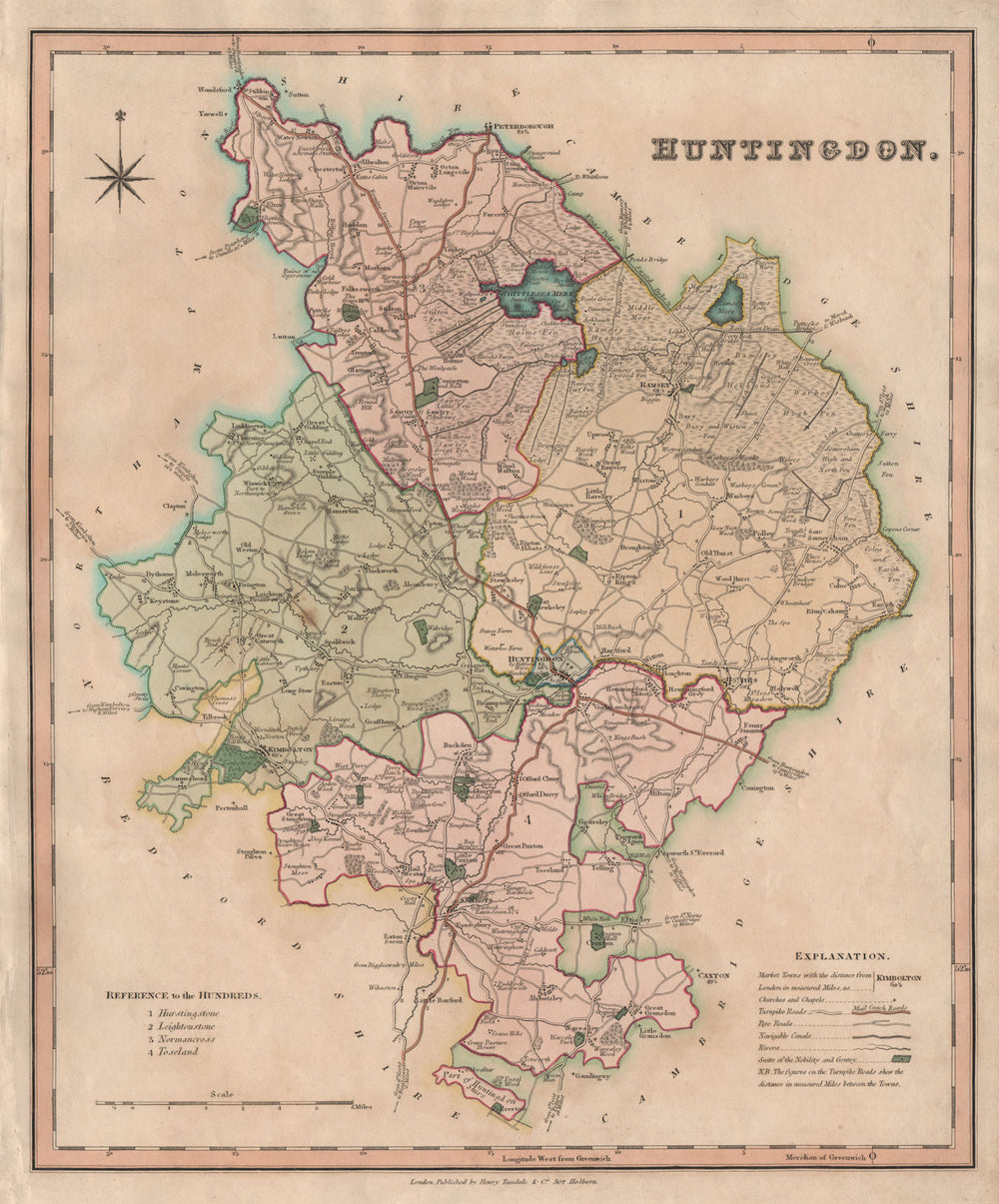 Antique county map of Huntingdonshire by Henry Teesdale. 'Huntingdon' 1831