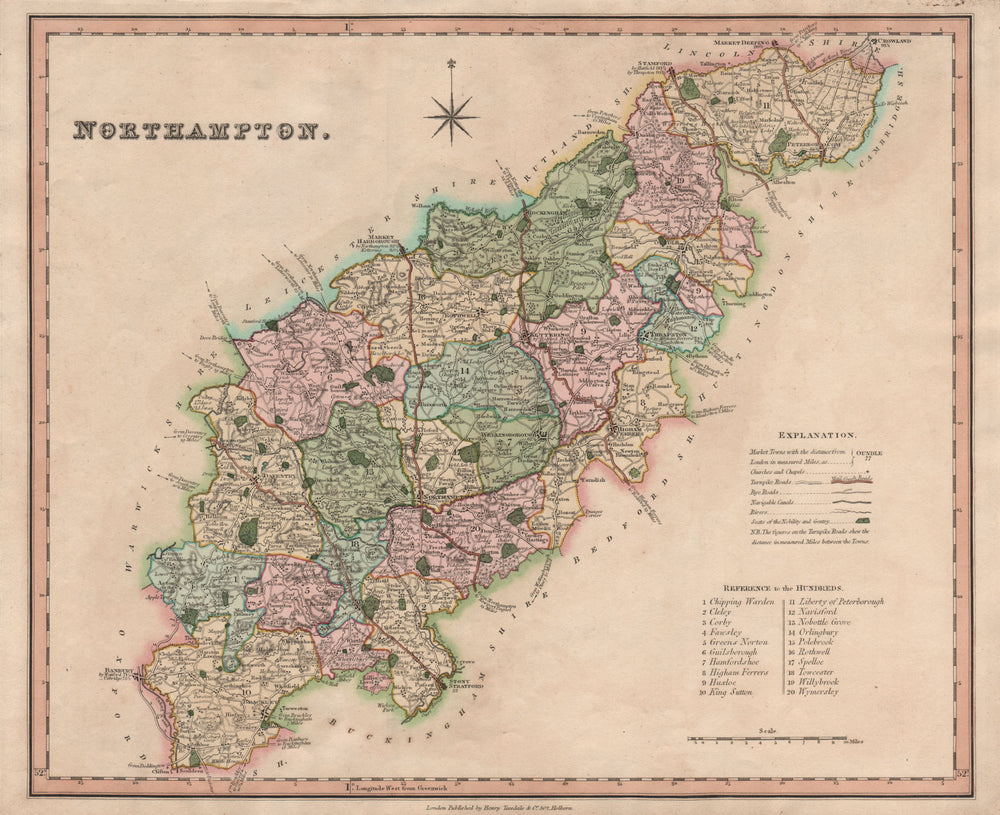 Antique county map of Northamptonshire by Henry Teesdale. 'Northampton' 1831