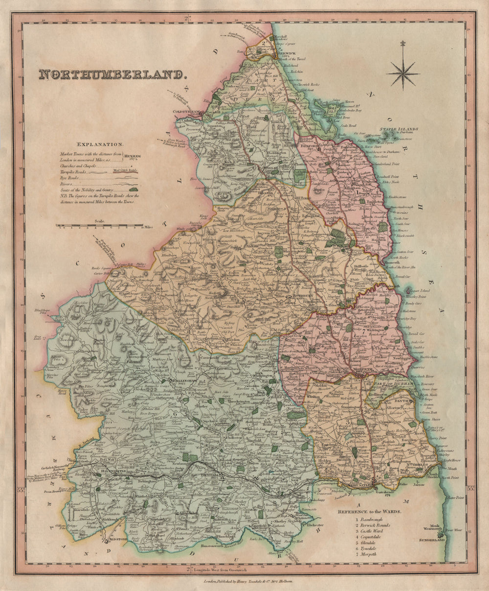 Antique county map of Northumberland by Henry Teesdale 1831 old