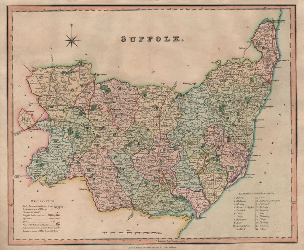 Antique county map of Suffolk by Henry Teesdale 1831 old chart