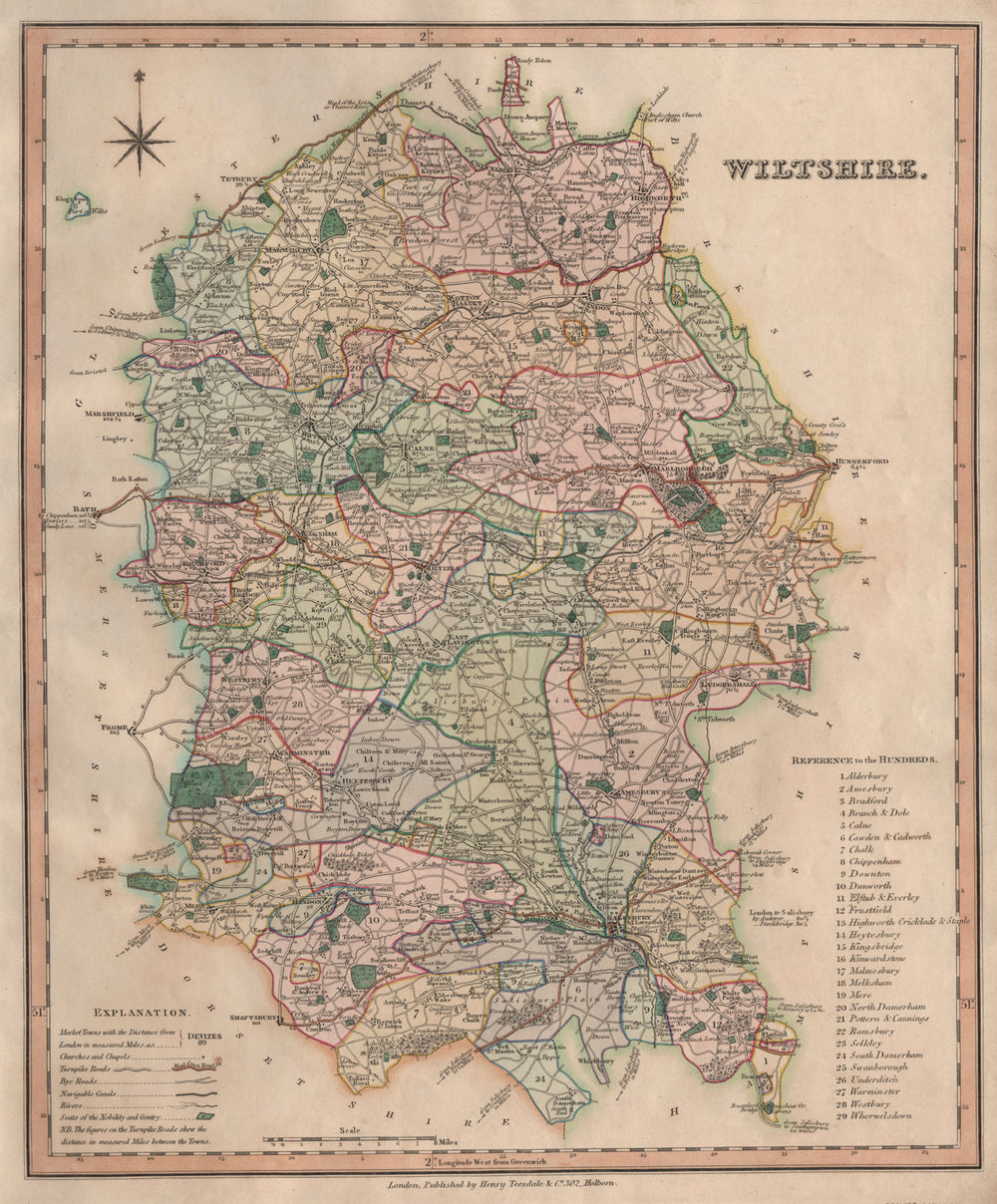 Antique county map of Wiltshire by Henry Teesdale 1831 old chart