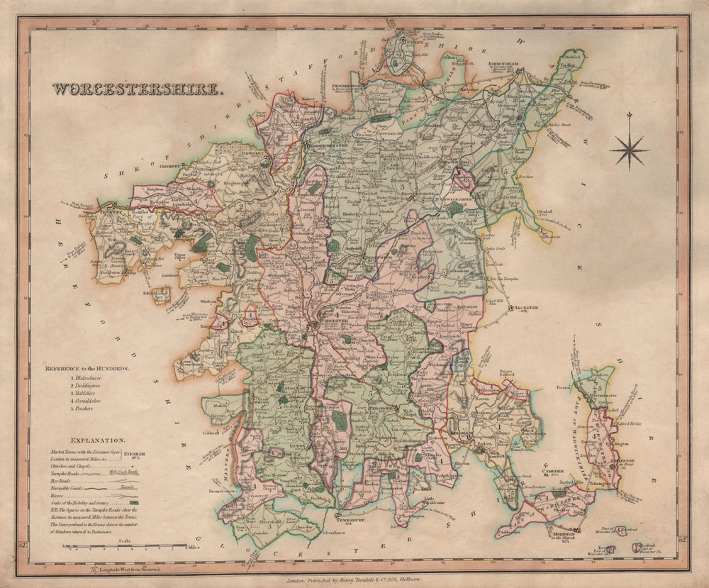 Antique county map of Worcestershire by Henry Teesdale 1831 old