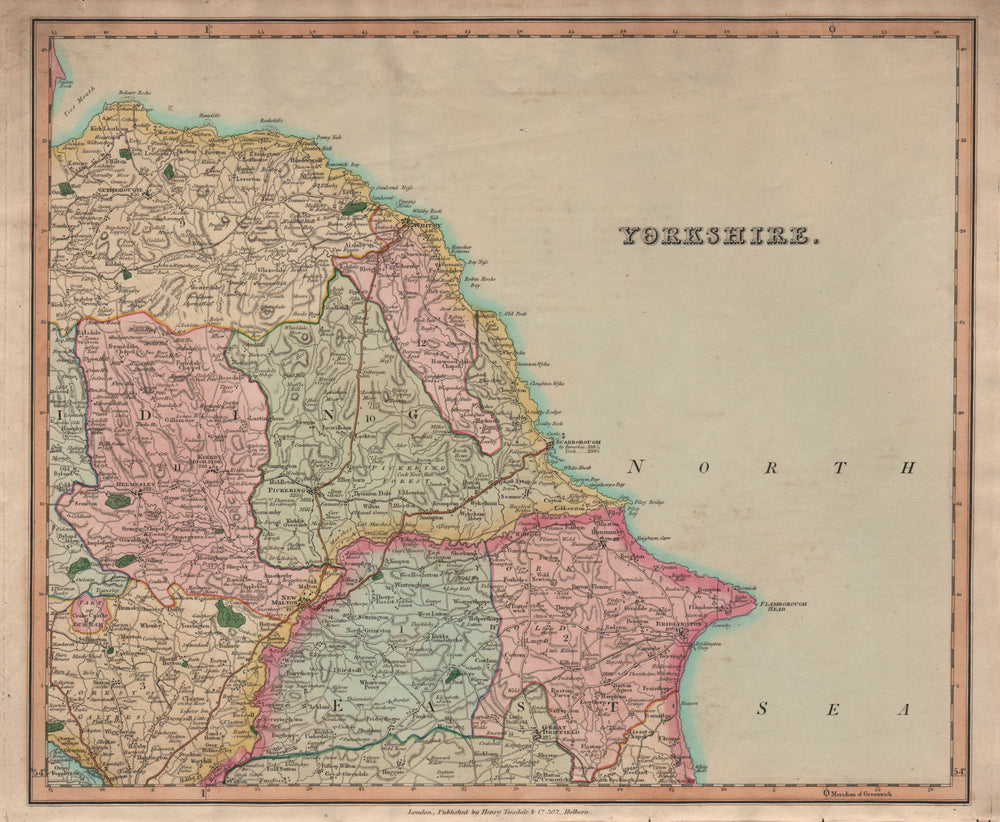 Antique county map of North-east Yorkshire by Henry Teesdale 1831 old