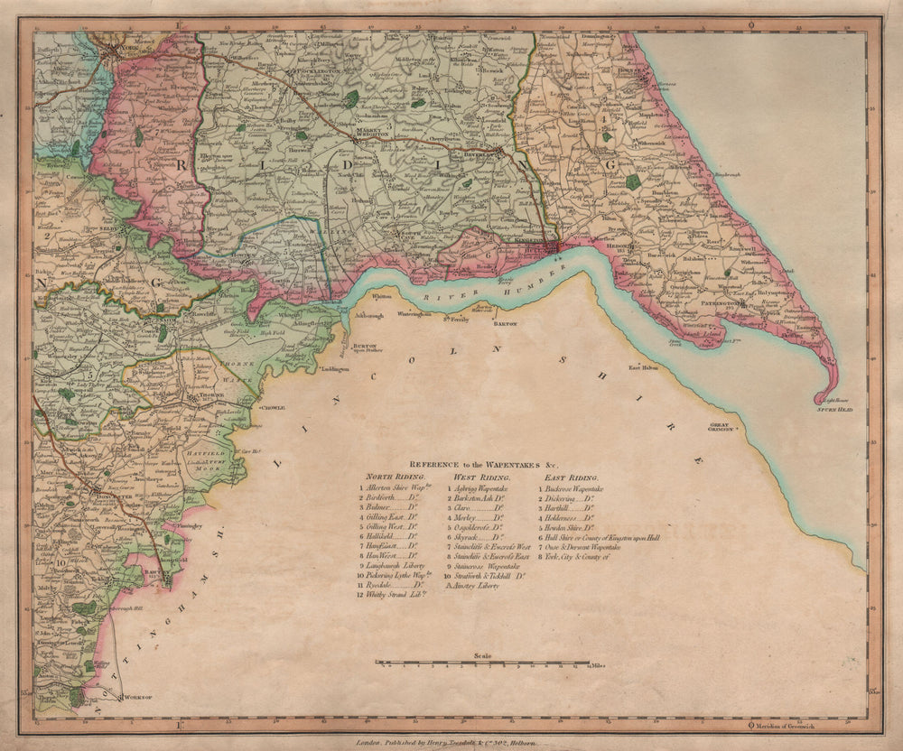 Antique county map of South-east Yorkshire by Henry Teesdale 1831 old