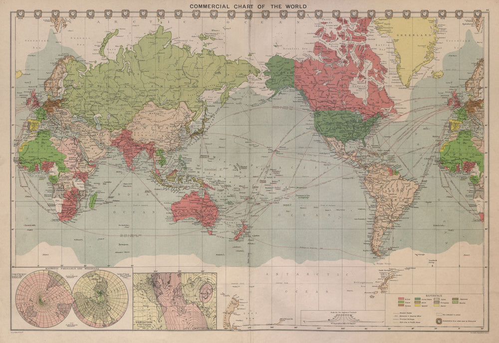 World Commercial Chart steamship routes Isoclinic Isogonic lines LARGE 1916 map