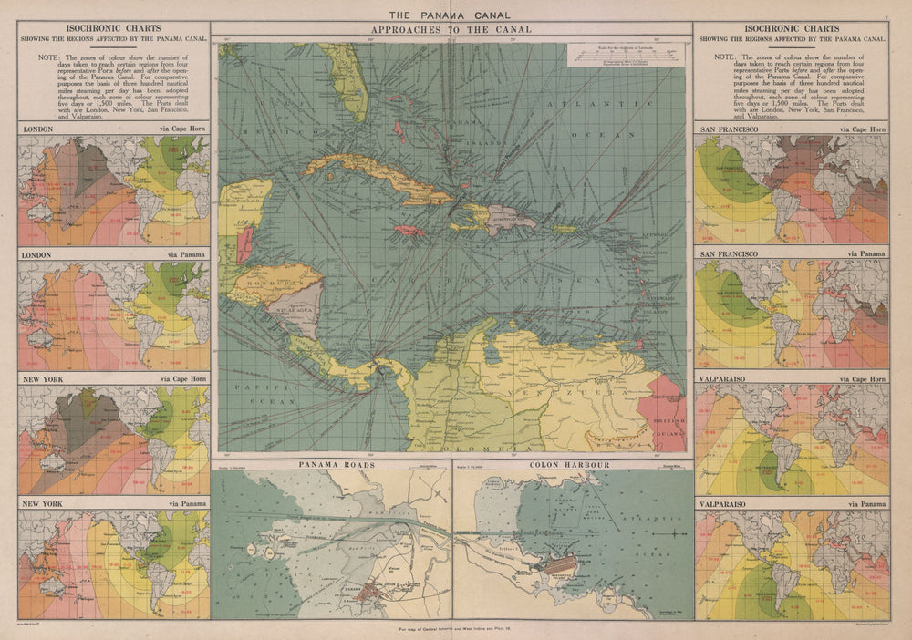 PANAMA CANAL approaches. Isochronic charts before/after opening. Colon 1916 map