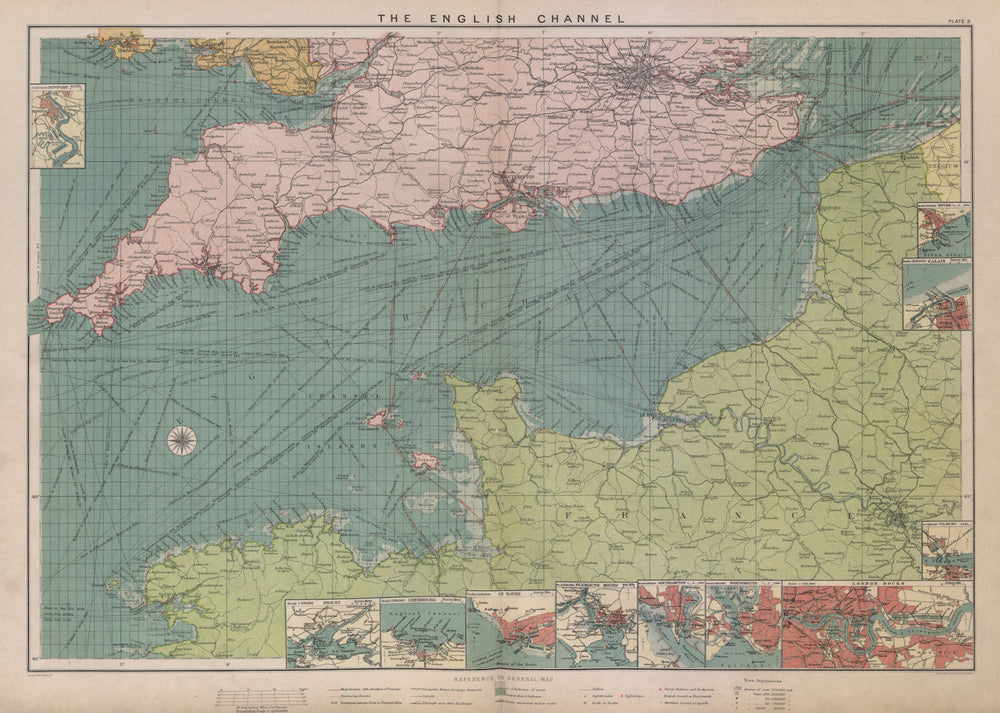 English Channel sea chart. Ports lighthouses mail routes. LARGE 1916 old map