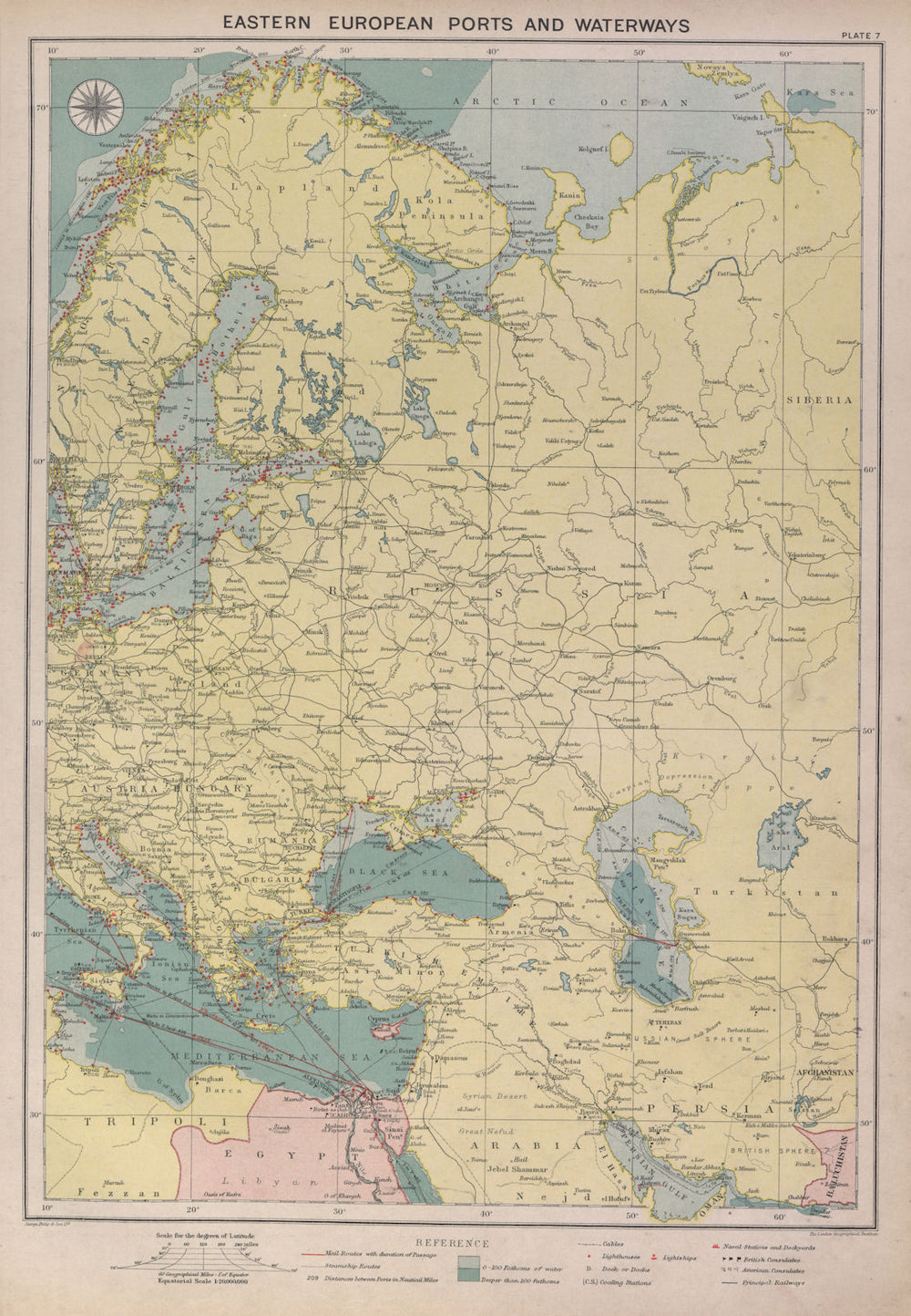Eastern Europe sea chart Ports Lighthouses mail route Black Sea Baltic 1916 map