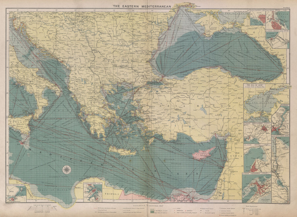 Eastern Mediterranean & Black Sea chart. Ports lighthouses mail. LARGE 1916 map