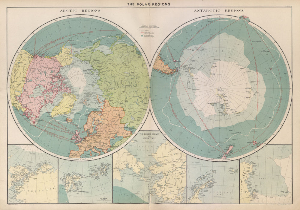 Polar Regions. Arctic/Antarctic sea chart. Steamer routes. LARGE 1916 old map