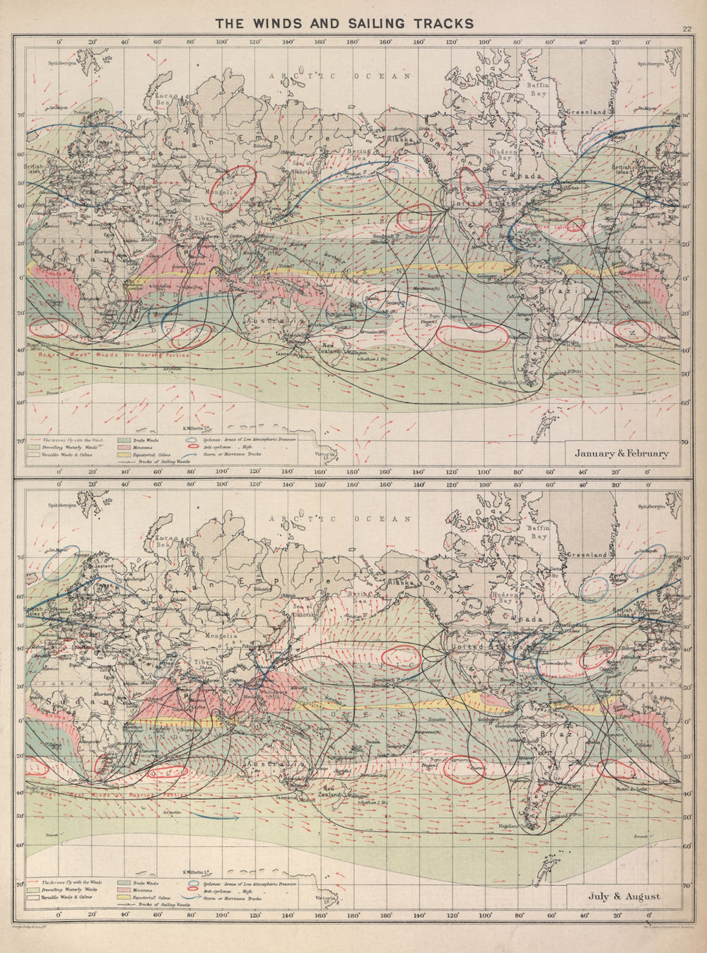 World ocean trade winds & sailing ship routes. Jan/Feb & July/Aug 1916 old map