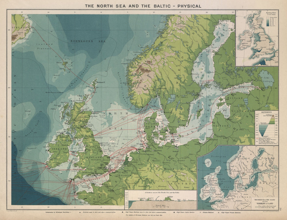 North Sea & Baltic. Cables & Wireless Stations Land visibility Section 1916 map
