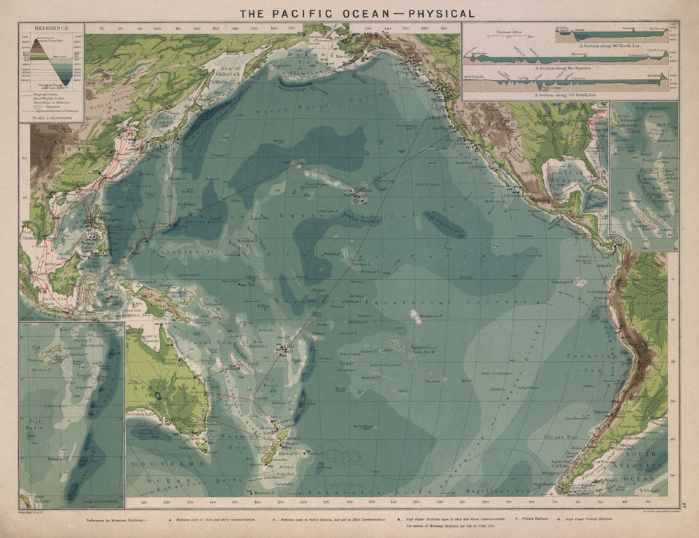Pacific Ocean. Cables & Wireless Stations. Sections 1916 old antique map chart