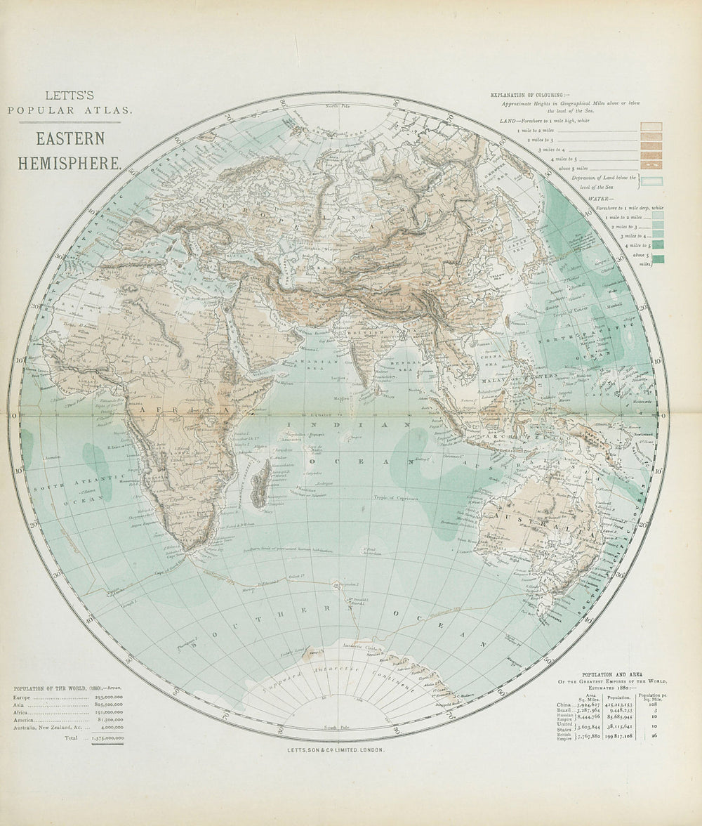 EASTERN HEMISPHERE relief. Europe Africa Asia Australia. LETTS 1883 old map