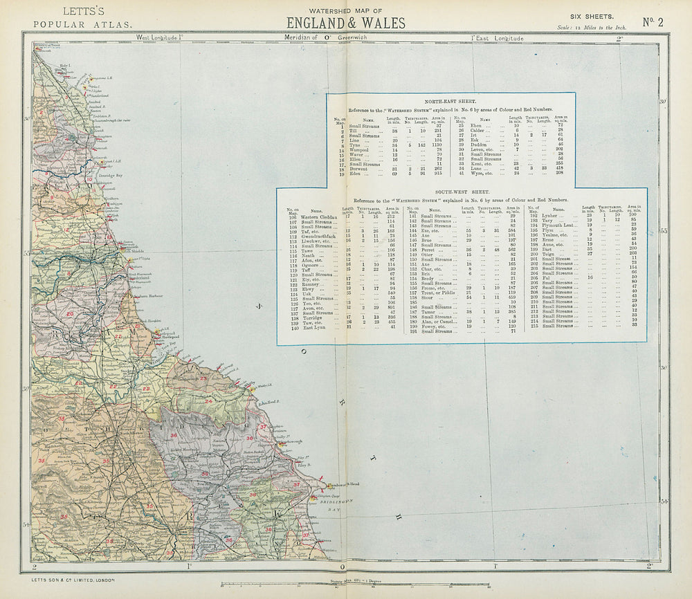 NORTH YORKSHIRE, DURHAM & NORTHUMBERLAND COAST WATERSHEDS. LETTS 1883 old map