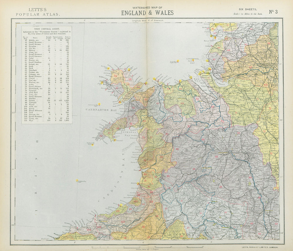 NORTHWEST ENGLAND & NORTH WALES WATERSHEDS & Lighthouses. LETTS 1883 old map