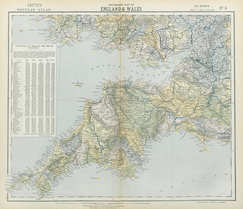 SOUTH WEST ENGLAND & SOUTH WALES WATERSHEDS. Lighthouses. LETTS 1883 old map