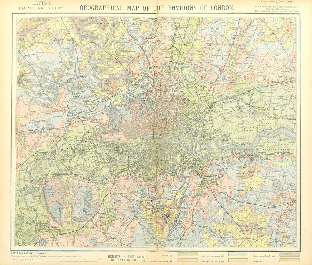 Orographical map of the Environs of London. Relief elevation. LETTS 1883