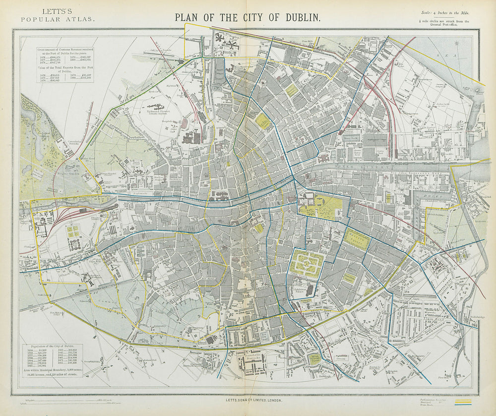 DUBLIN antique town city map plan. Railways tram routes stations. LETTS 1883