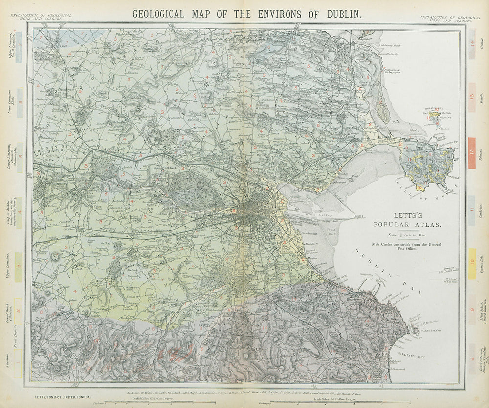 Geological map of the Environs of Dublin. Ireland. LETTS 1883 old antique