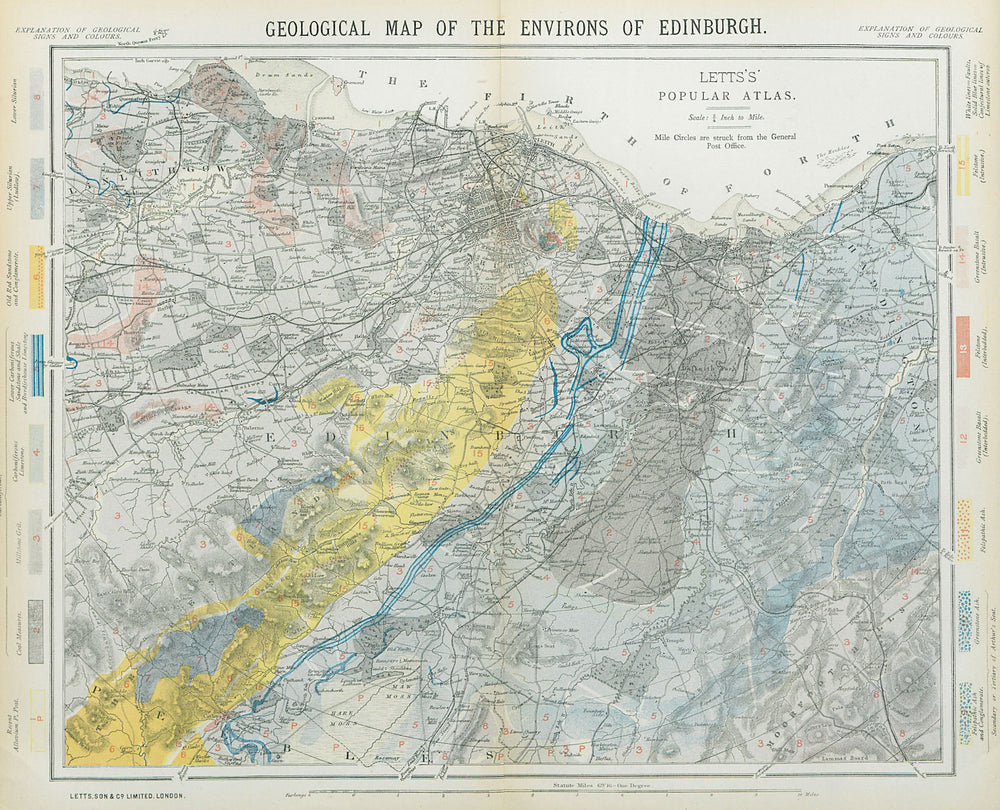 Geological map of the Environs of Edinburgh. Scotland. LETTS 1883 old