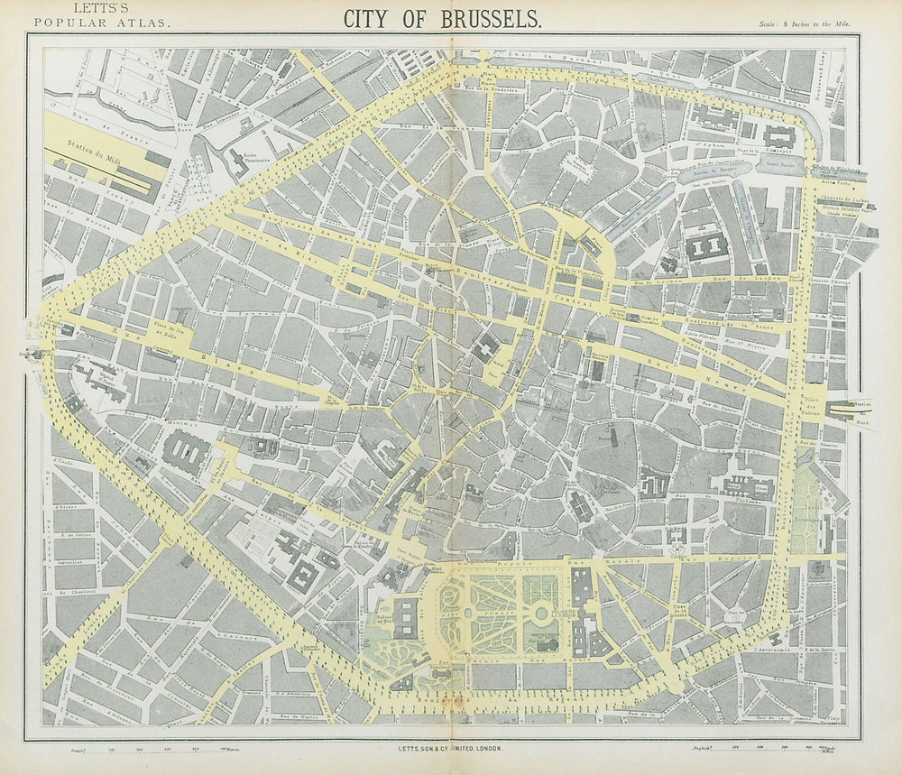 BRUSSELS BRUXELLES BRUSSEL antique town city map plan. LETTS 1883 old