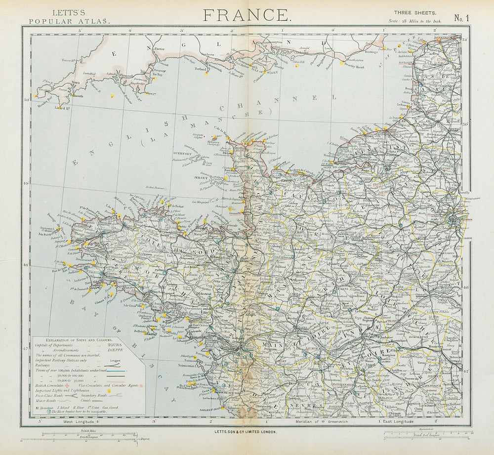 NW FRANCE. Britanny Normandy Loire. Lighthouses British Consuls. LETTS 1883 map