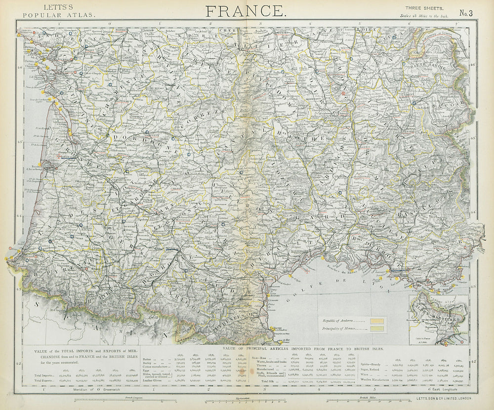 FRANCE SOUTH. Lighthouses. UK-French trade 1876-1880. LETTS 1883 old map