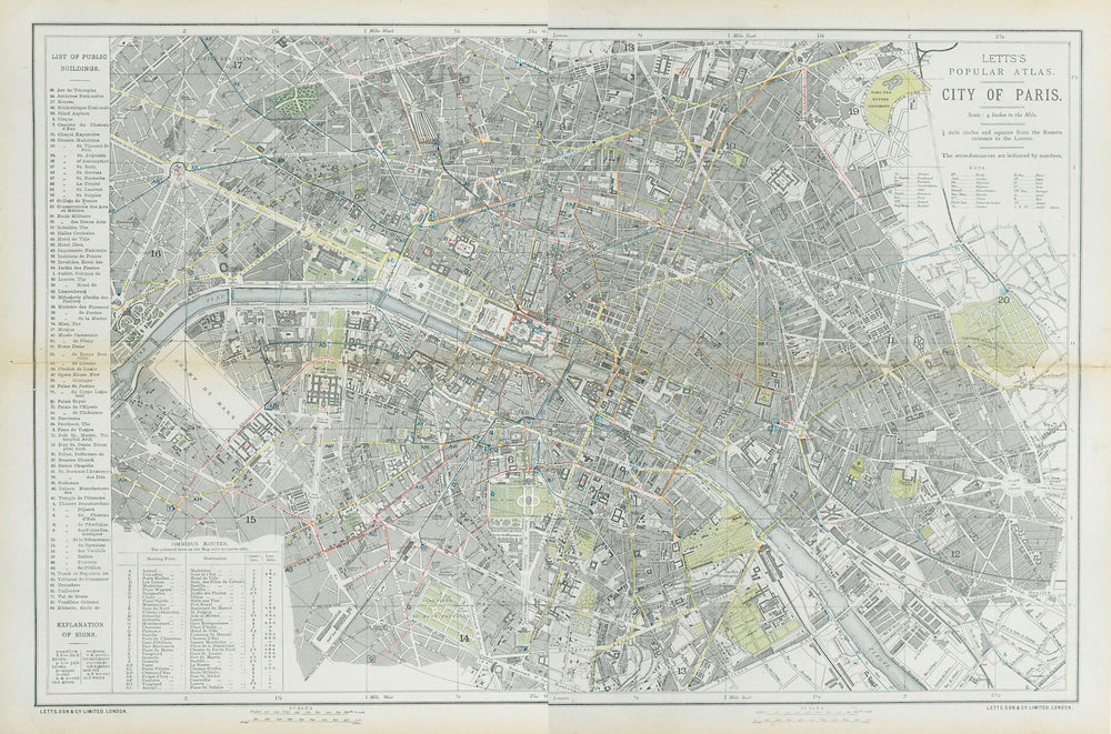 PARIS antique town city map plan. Omnibus routes. LARGE. LETTS 1883 old