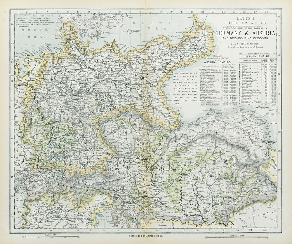 GERMANY & AUSTRIA-HUNGARY wine growing regions in green. LETTS 1883 old map