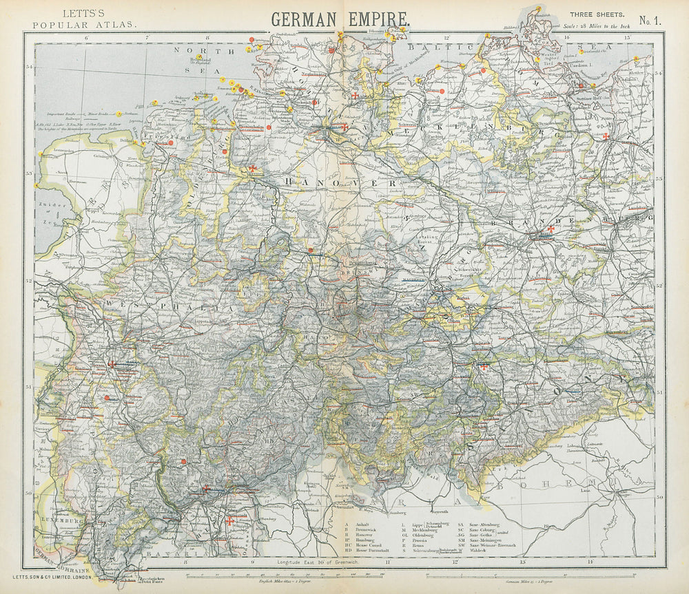 GERMAN EMPIRE. Prussian Provinces. Lighthouses. British consuls. LETTS 1883 map