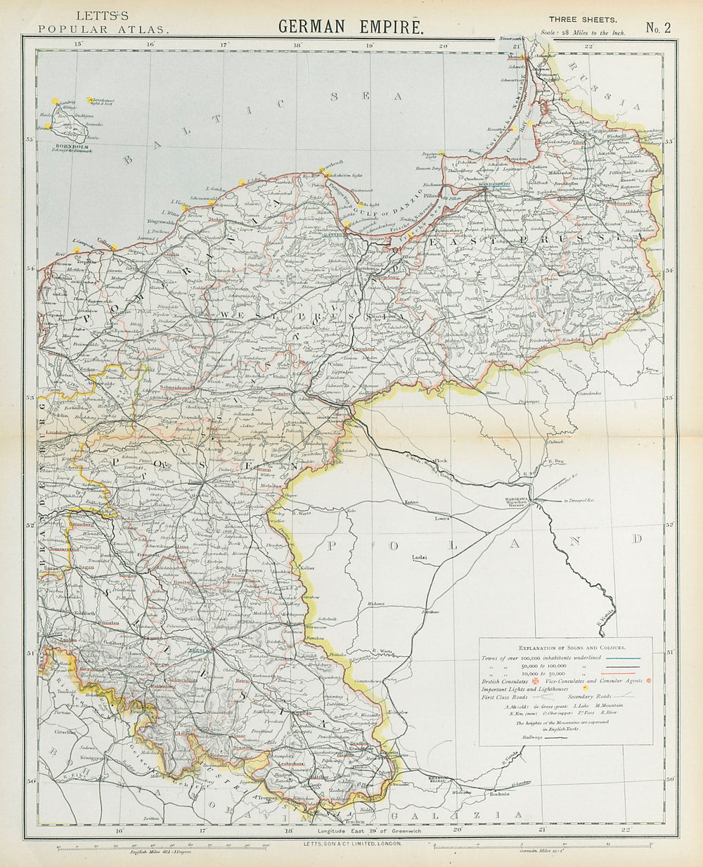 EAST GERMAN EMPIRE. Prussia Poland Posen Silesia Pomerania. LETTS 1883 old map