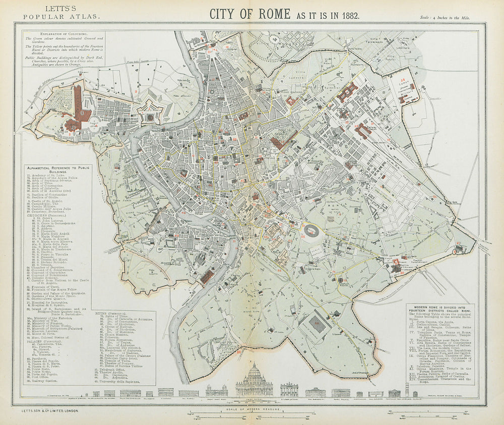 ROME ROMA antique town city map plan. Building profiles. LETTS 1883 old