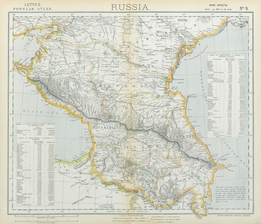 CAUCASUS. Russia Circassia Astrakhan Georgia Azerbaijan Armenia. LETTS 1883 map