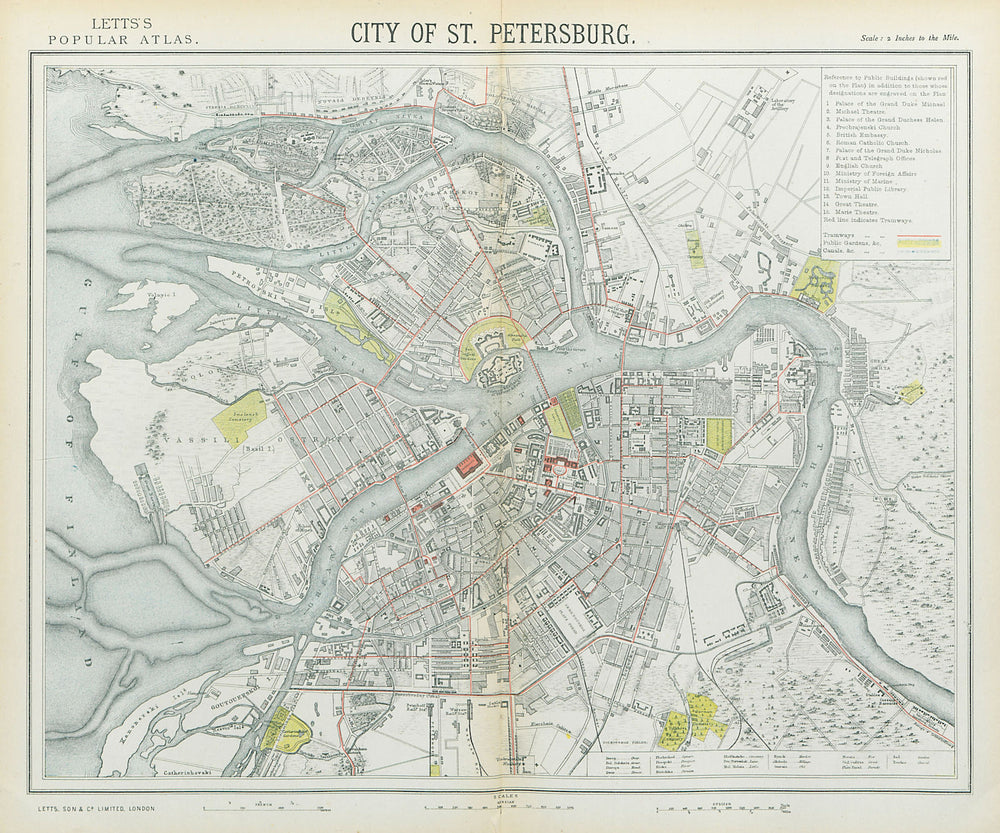 SAINT PETERSBURG antique town city map plan. Tramways. LETTS 1883 old