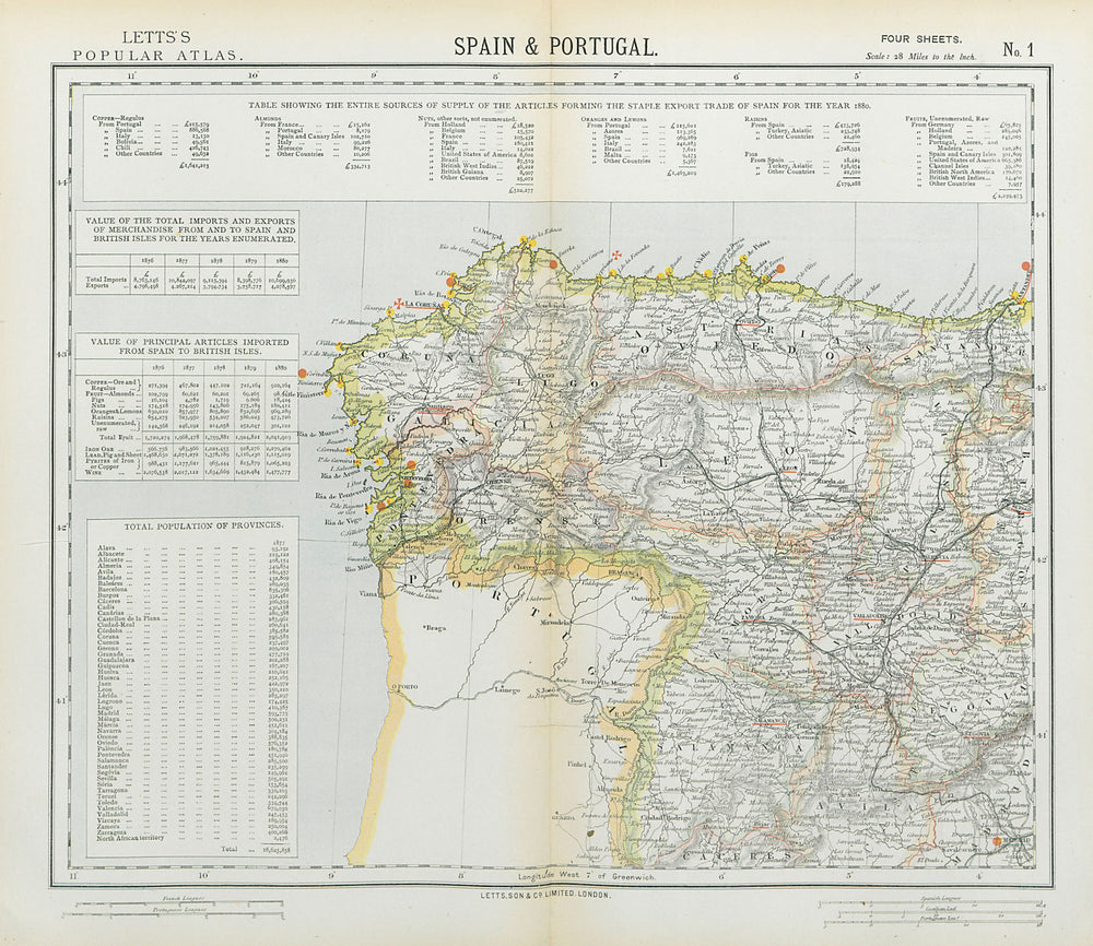 NORTHWEST SPAIN Railways & lighthouses. Galicia Leon Asturias. LETTS 1883 map