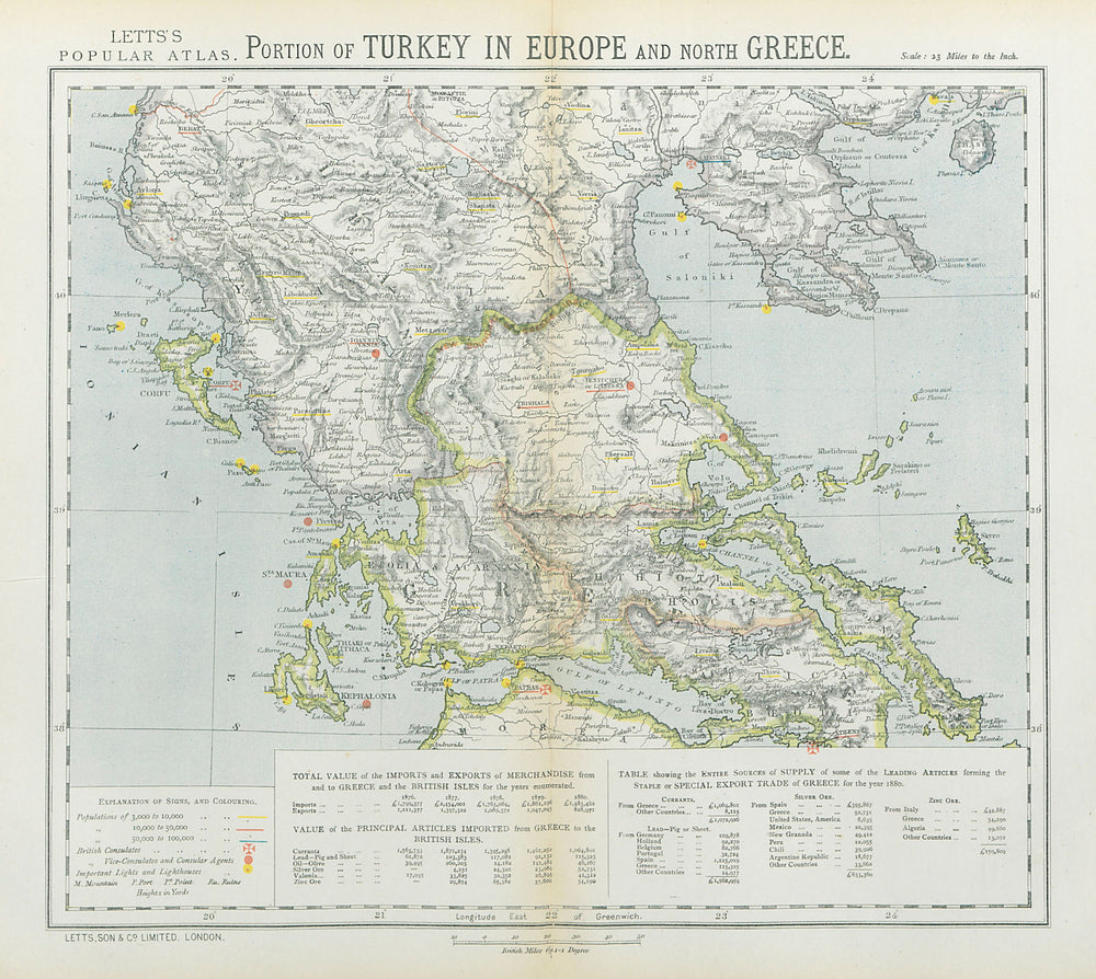 NORTHERN GREECE. Turkey in Europe. Lighthouses. British Consuls. LETTS 1883 map