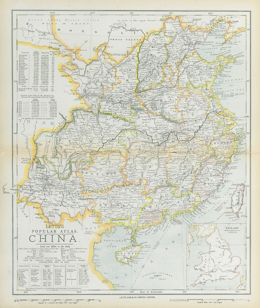CHINA. Provinces, treaty ports, tea growing districts & exports. LETTS 1883 map