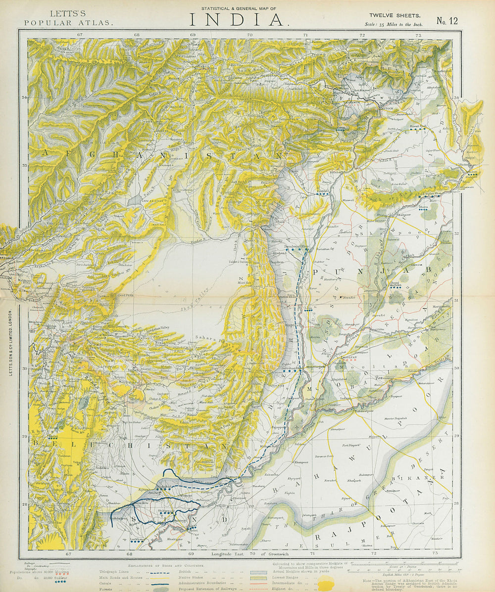 PAKISTAN & AFGHANISTAN. Punjab Beluchistan Sinde. British India. LETTS 1883 map