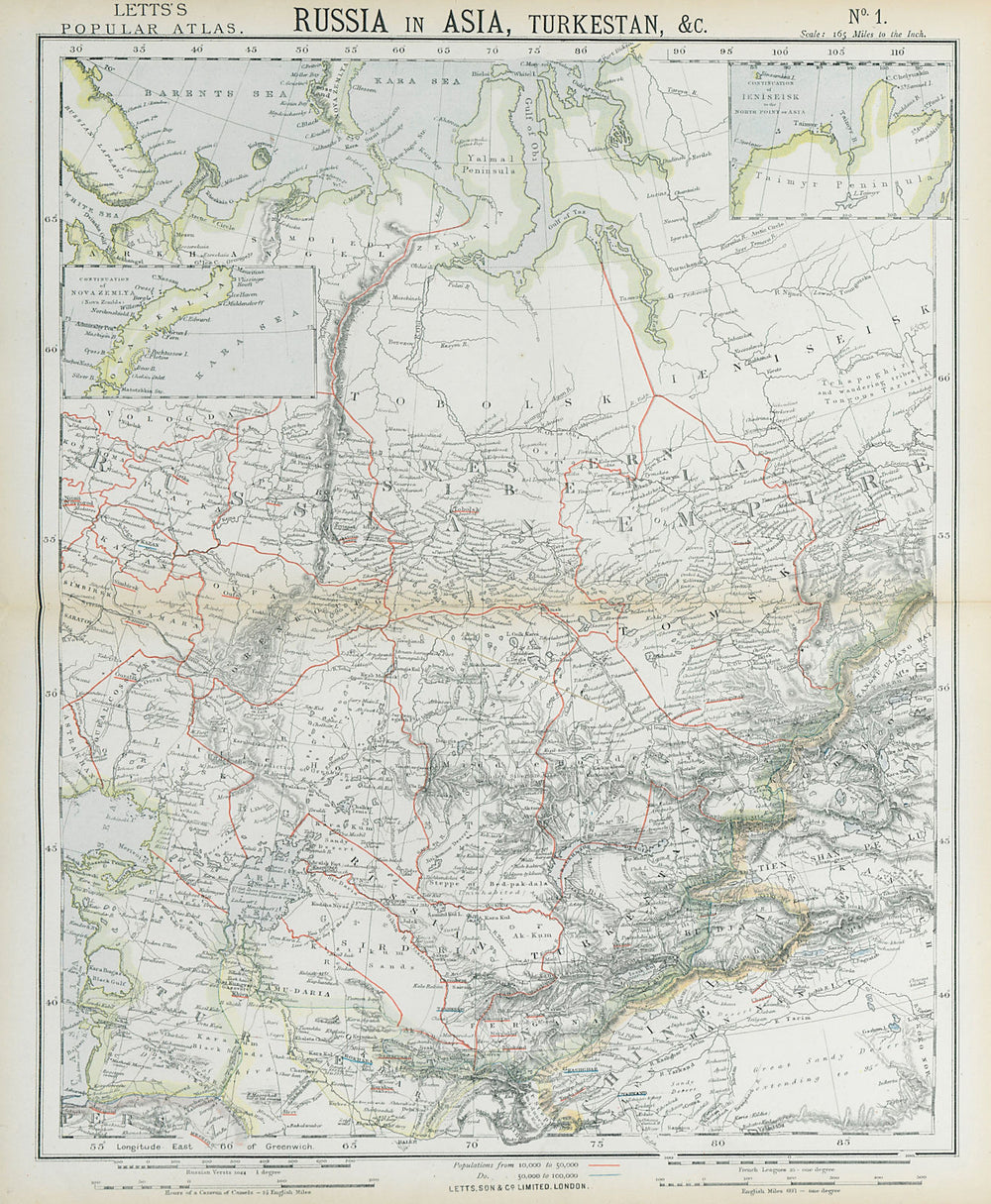 CENTRAL ASIA. Bokhara Russian Turkestan Tomsk Great Horde Turgan. LETTS 1883 map