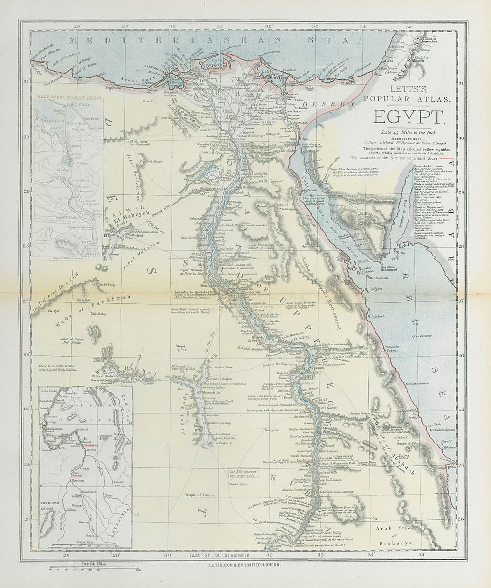 EGYPT. Nile valley. Suez Canal. Red Sea. 'Sherm'/Sharm el-Sheikh. LETTS 1883 map