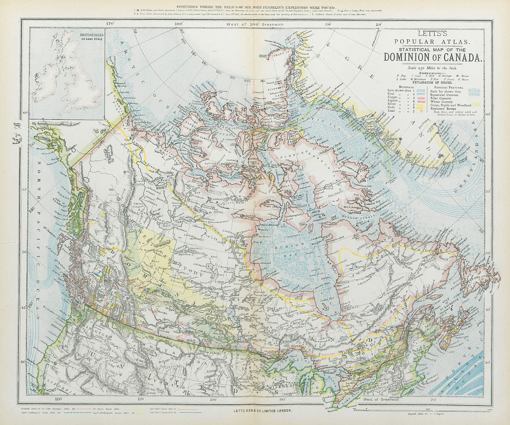 CANADA Canadian Pacific Railway Arctic explorers' routes Minerals LETTS 1883 map