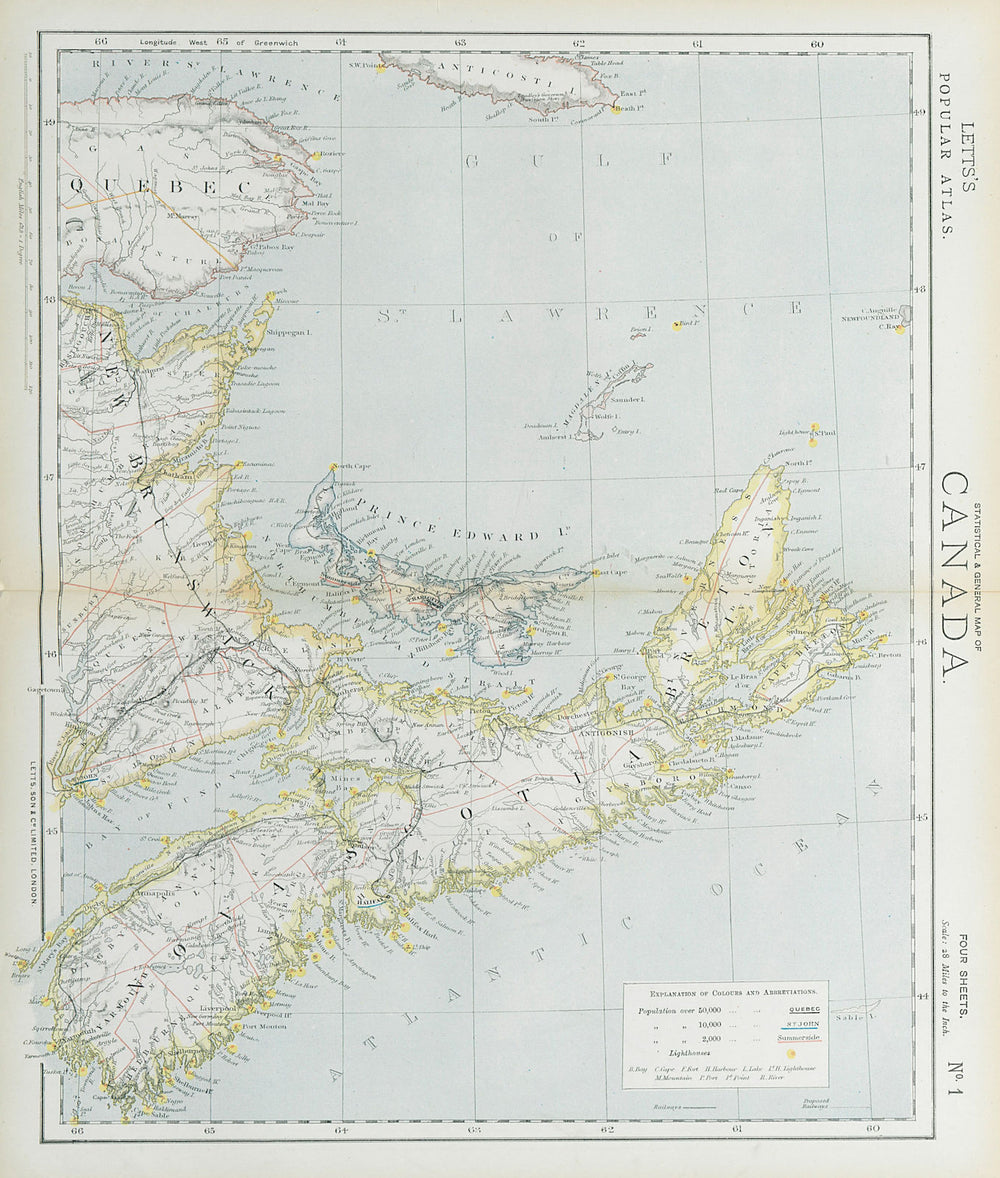NOVA SCOTIA New Brunswick Prince Edward's Island. Lighthouses. LETTS 1883 map